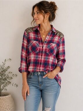 Express Boyfriend Plaid Sequin Shoulder Button Down Shirt Size Small